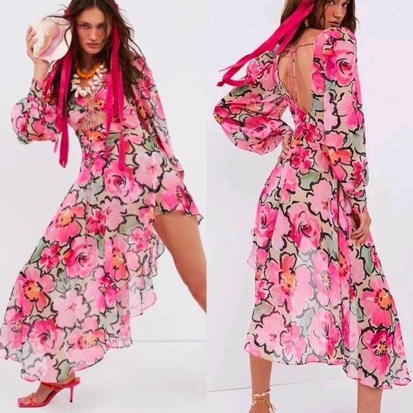 For Love And Lemons Dresses & Skirts - For Love & Lemons Tiana Printed Flowy Ruffles Sheer Tie Front Midi Dress S Pink